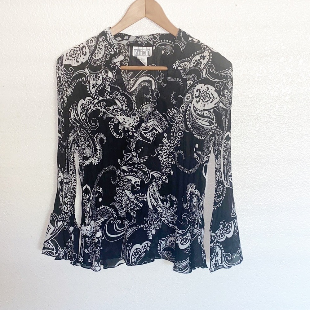 Bethany Paisley Print Black White Ruffled Blouse